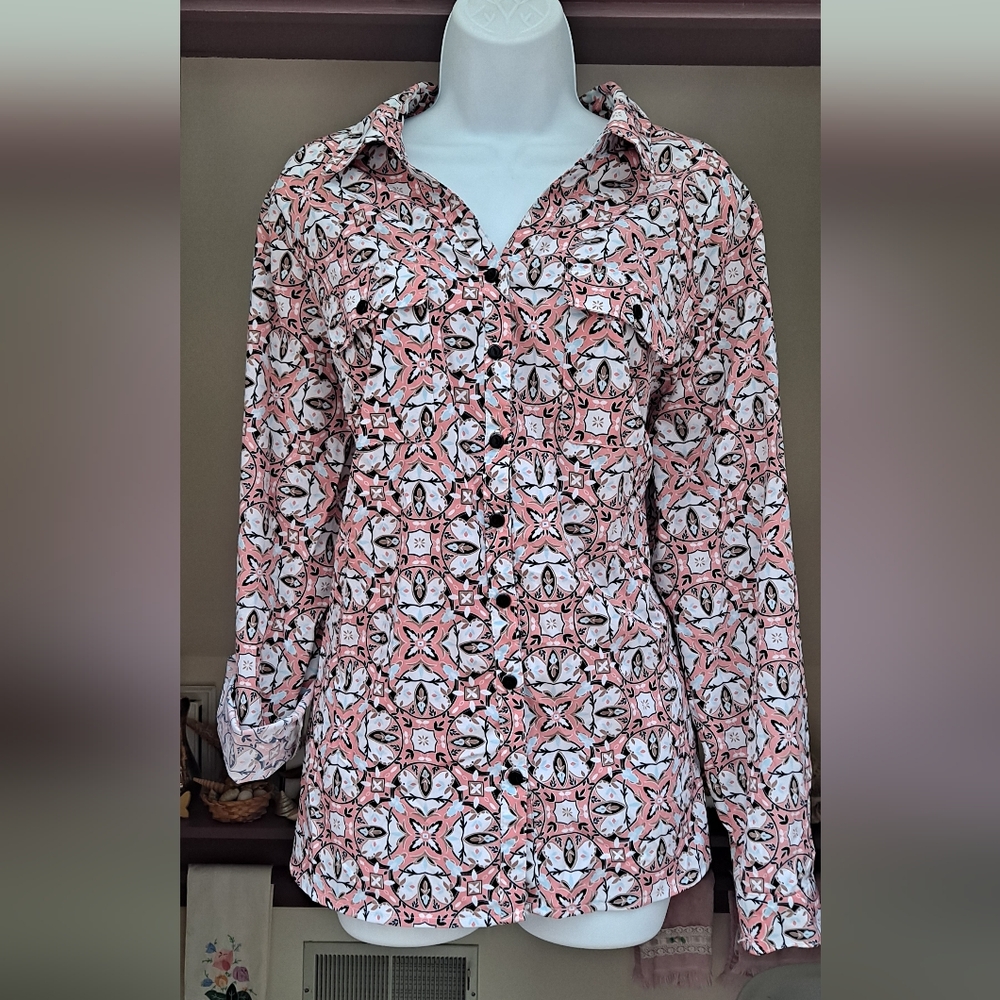 Notations Blouse Button Down Blouse Pink Geometri… - image 1